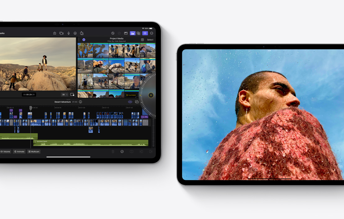 Dua iPad Pro menampilkan aplikasi Final Cut Pro 2.0 dan Foto.