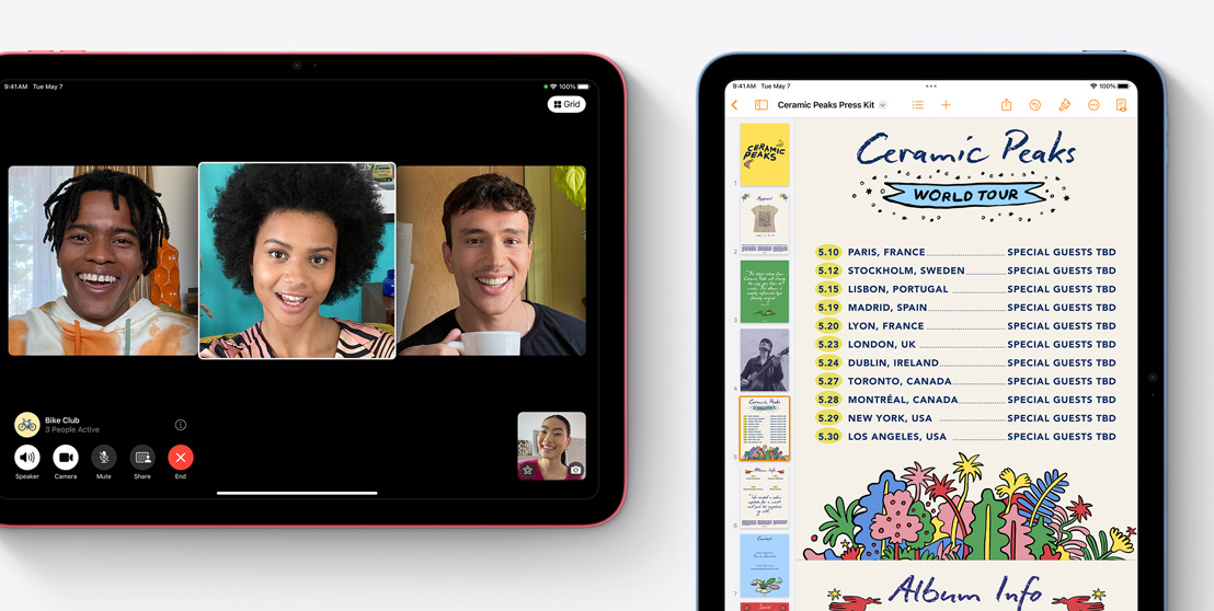 Dua iPad ditampilkan, satu menampilkan panggilan video FaceTime dan satunya lagi menampilkan aplikasi Pages.