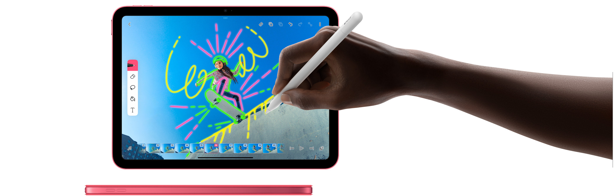 Utilização do Apple Pencil com a app FlipaClip e vista lateral do iPad rosa com capa Smart Folio a condizer.