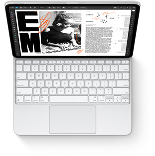 Skats uz iPad Pro ar baltu iPad Pro paredzēto Magic Keyboard.