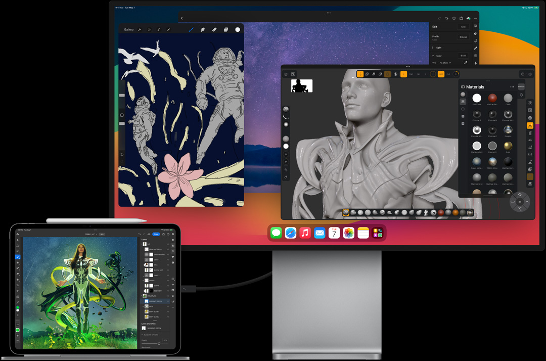 iPad Pro připnutý k Magic Keyboardu v orientaci na šířku, připojený k externímu monitoru, na obou obrazovkách probíhají úpravy obrázků