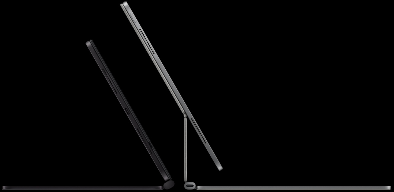 Dva modela, prikaz vanjskog dizajna s bočne strane, iPad Pro u pejzažnoj orijentaciji s pričvršćenom tipkovnicom Magic Keyboard, dizajn lebdeće konzole
