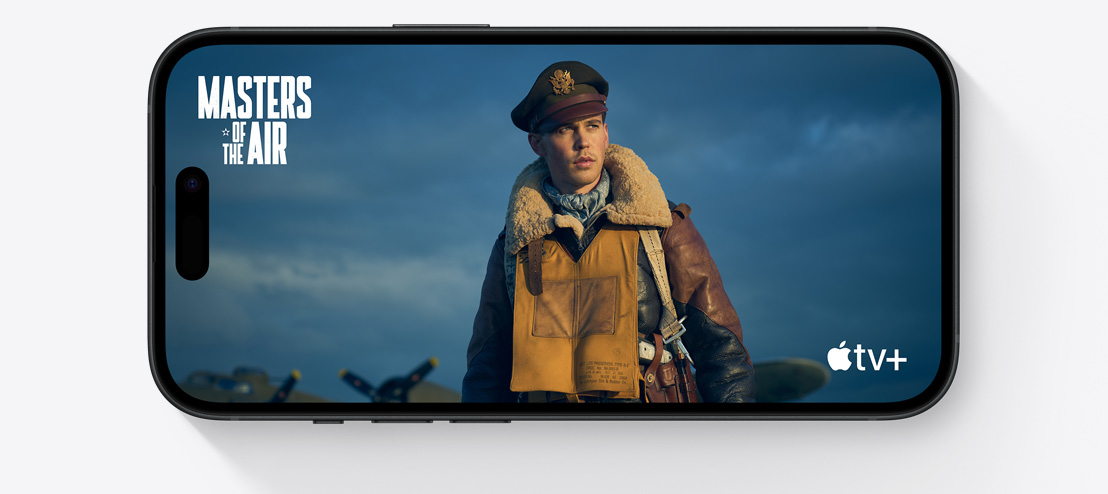 A horizontal iPhone 15 displays a scene from the hit AppleTV  show, Masters of the Air.