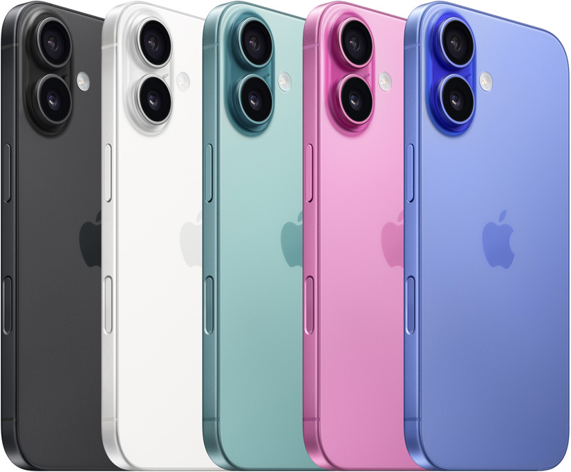 Back view of iPhone 16, all five finishes, Black, White, Teal, Pink and Ultramarine