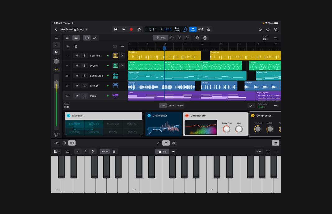 Imagem de uma seleção de instrumentos digitais compatíveis com o Ableton Link no Logic Pro para iPad do iPad Pro.