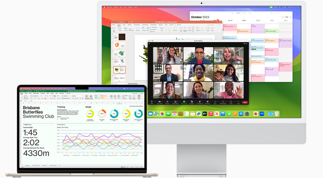 Front view of a MacBook Air showing Microsoft Excel and front view of iMac showing Zoom, Calendar and Microsoft PowerPoint.