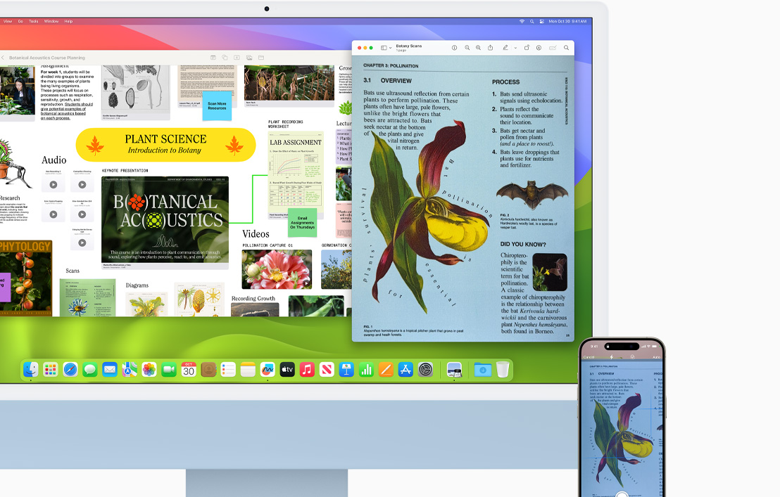 Un document numérisé avec iPhone 15 s’affiche sur iMac et iPhone.