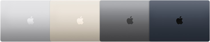 Mặt ngoài của bốn phiên bản MacBook Air, thể hiện bốn màu khác nhau
