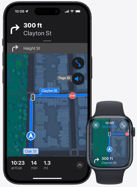 Detaljne upute za kretanje istovremeno prikazane na iPhoneu 15 Pro i Apple Watchu Series 9.