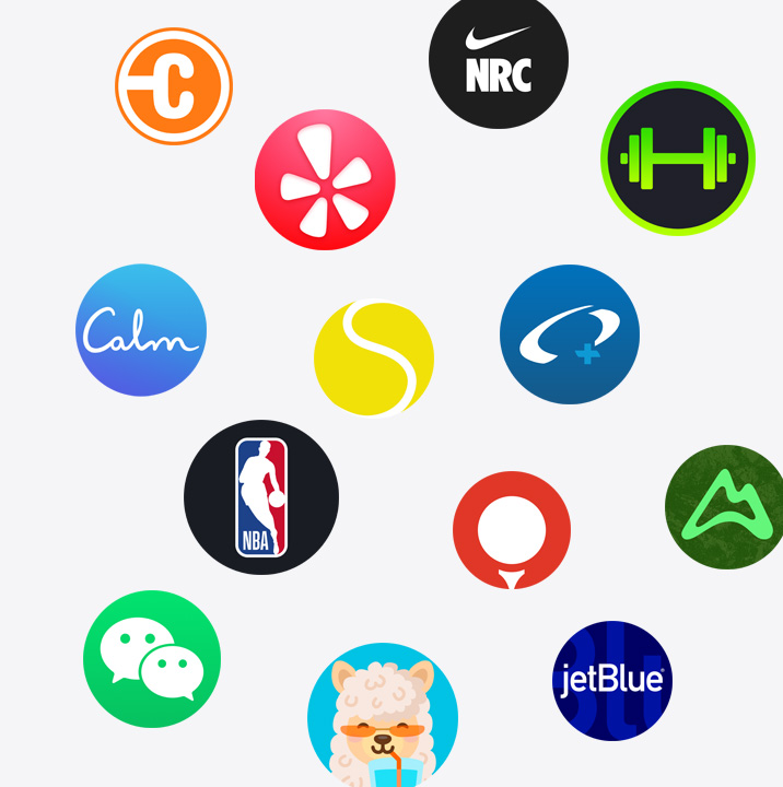 „Apple Watch“ programų piktogramos „App Store“. „ChargePoint“, „Yelp“, „Nike Run Club“, „SmartGym“, „Calm“, NBA, „SwingVision“, „Oceanic “, „WeChat“, „Waterllama“, „Golfshot“, „JetBlue“ ir „AllTrails“.