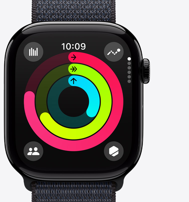 Vooraanzicht van een Apple Watch Series 10 met de ringen in de Activiteit-app.