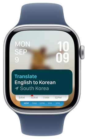 Un écran d’Apple Watch affichant le widget de l’app Traduire dans le Défilement intelligent.