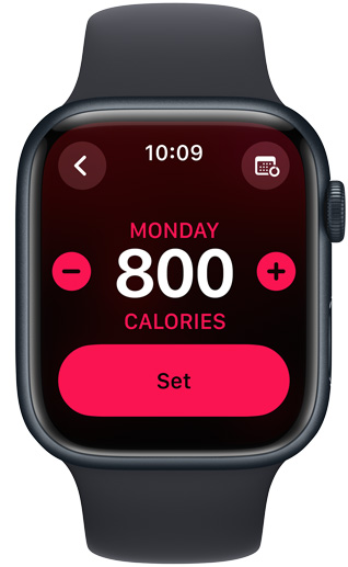 Écran d’Apple Watch affichant un objectif de 800 calories pour l’anneau Bouger
