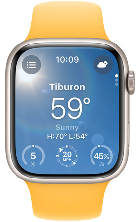 An Apple Watch screen displaying the Weather app