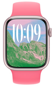 Urtavla med bild på ett landskap med anpassad storlek på tiden och språkskript på Apple Watch.