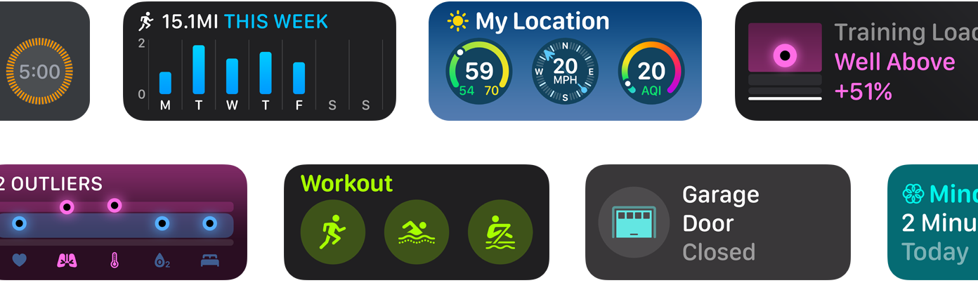 Sélection de nouveaux widgets d’apps dans watchOS