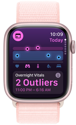 Écran d’Apple Watch affichant Signes vitaux nocturnes : deux anomalies