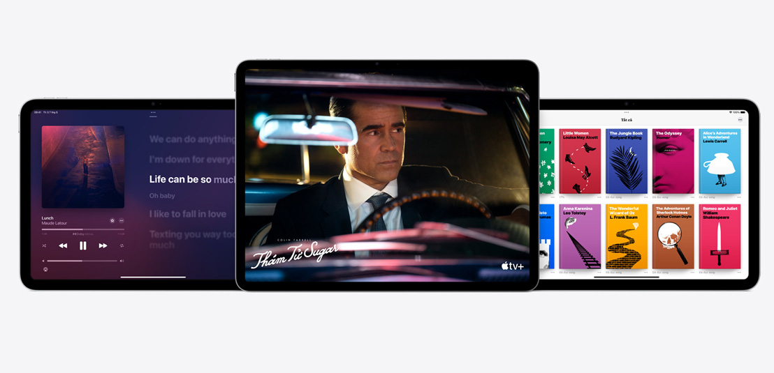 Hai chiếc iPad và một chiếc iPad Air hiển thị các ứng dụng Apple Music, Apple TV  và Apple Books.