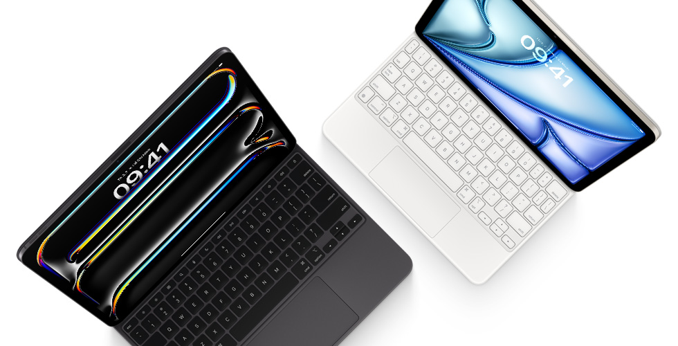 Hình ảnh nhìn từ trên xuống của iPad Pro gắn với Magic Keyboard màu đen dành cho iPad Pro và iPad Air gắn với Magic Keyboard màu trắng.