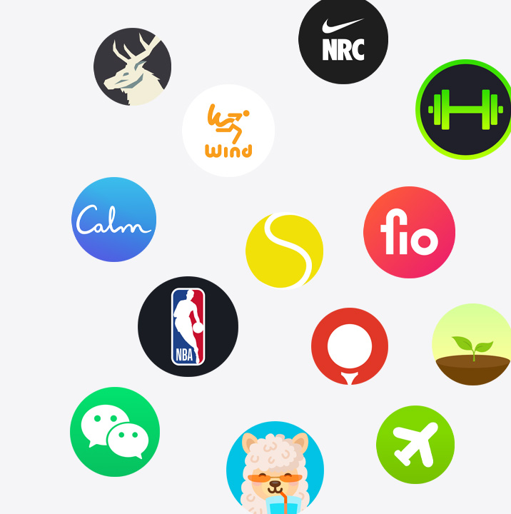 Các biểu tượng của ứng dụng dành cho Apple Watch trên App Store. ChargePoint, Yelp, Nike Run Club, SmartGym, Calm, NBA, SwingVision, Oceanic , WeChat, Waterllama, Golfshot, JetBlue và AllTrails.