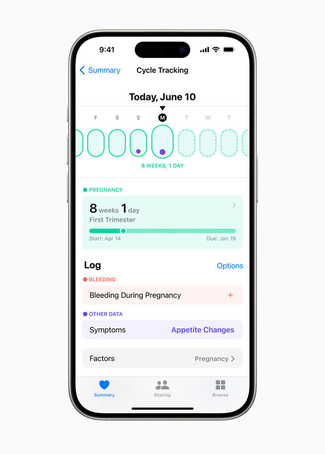 iPhone 15 Pro 的健康 app 中显示怀孕跟踪记录和相关征状。