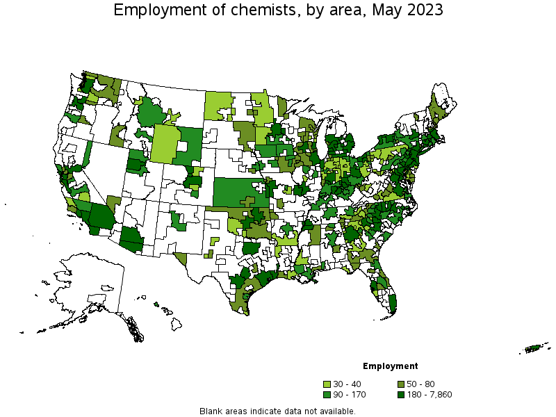 Map of employment of chemists by area, May 2023