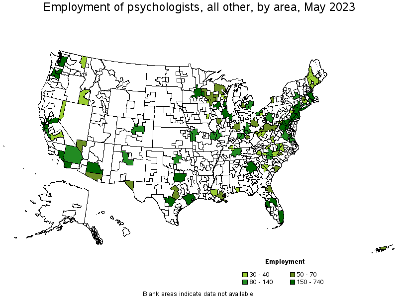 Map of employment of psychologists, all other by area, May 2023