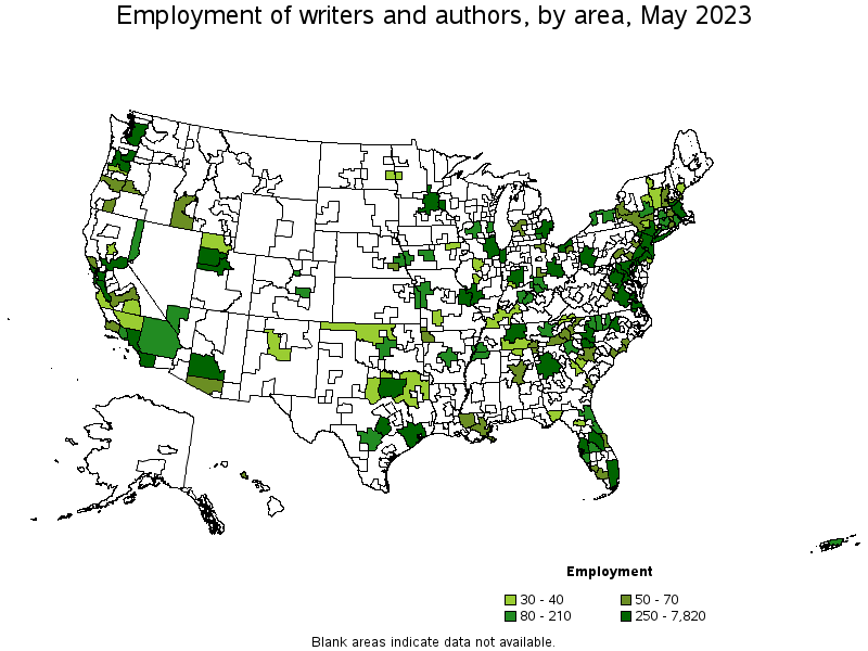 Map of employment of writers and authors by area, May 2023