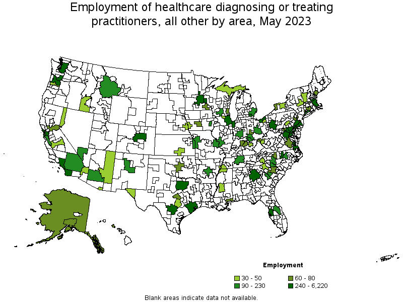 Map of employment of healthcare diagnosing or treating practitioners, all other by area, May 2023