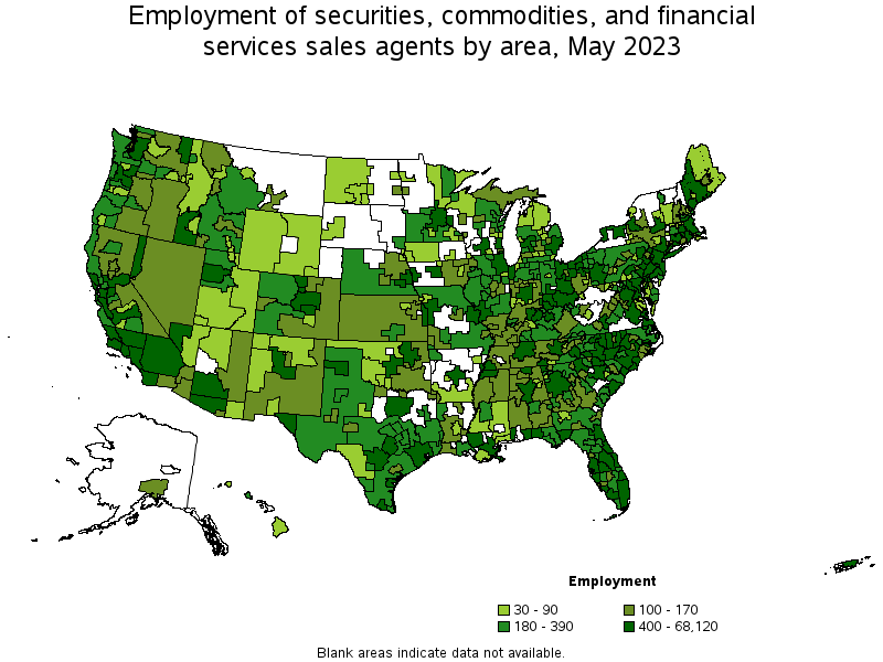 Map of employment of securities, commodities, and financial services sales agents by area, May 2023