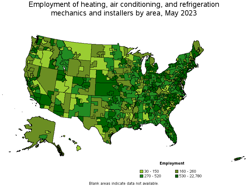 Map of employment of heating, air conditioning, and refrigeration mechanics and installers by area, May 2023