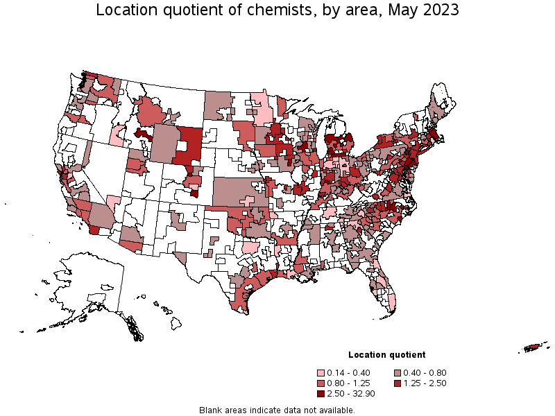 Map of location quotient of chemists by area, May 2023