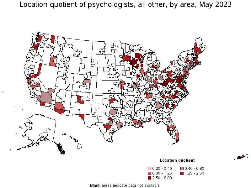 Map of location quotient of psychologists, all other by area, May 2023