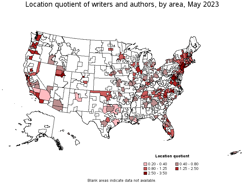 Map of location quotient of writers and authors by area, May 2023