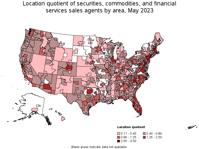 Map of location quotient of securities, commodities, and financial services sales agents by area, May 2023