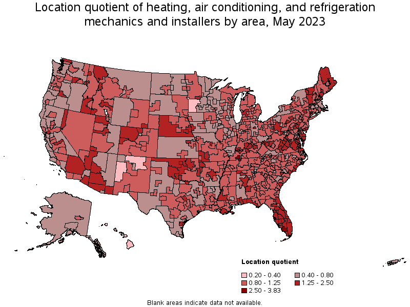 Map of location quotient of heating, air conditioning, and refrigeration mechanics and installers by area, May 2023