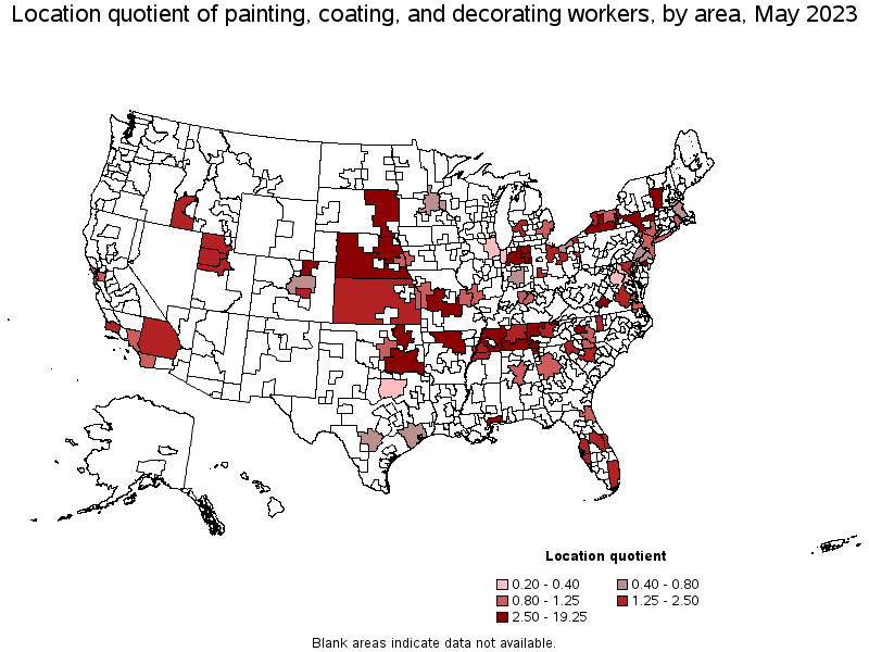 Map of location quotient of painting, coating, and decorating workers by area, May 2023