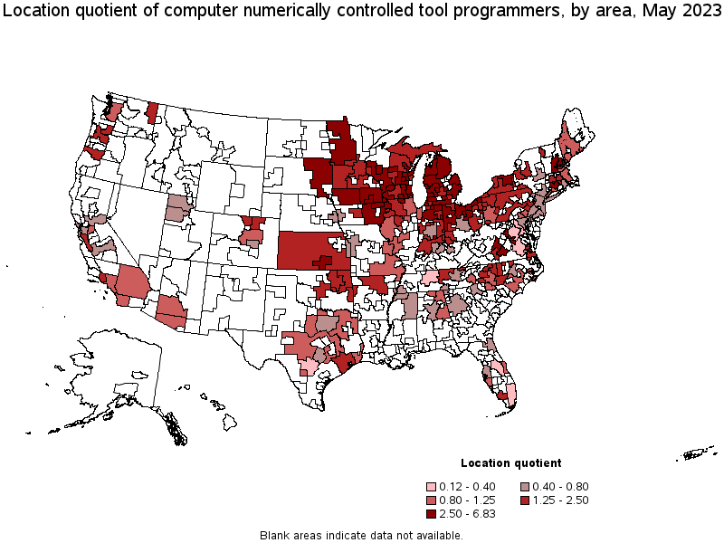 Map of location quotient of computer numerically controlled tool programmers by area, May 2023