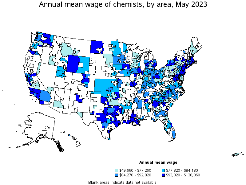 Map of annual mean wages of chemists by area, May 2023