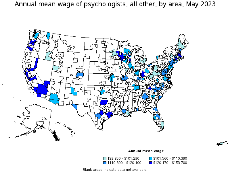 Map of annual mean wages of psychologists, all other by area, May 2023