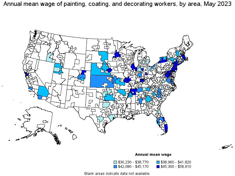 Map of annual mean wages of painting, coating, and decorating workers by area, May 2023