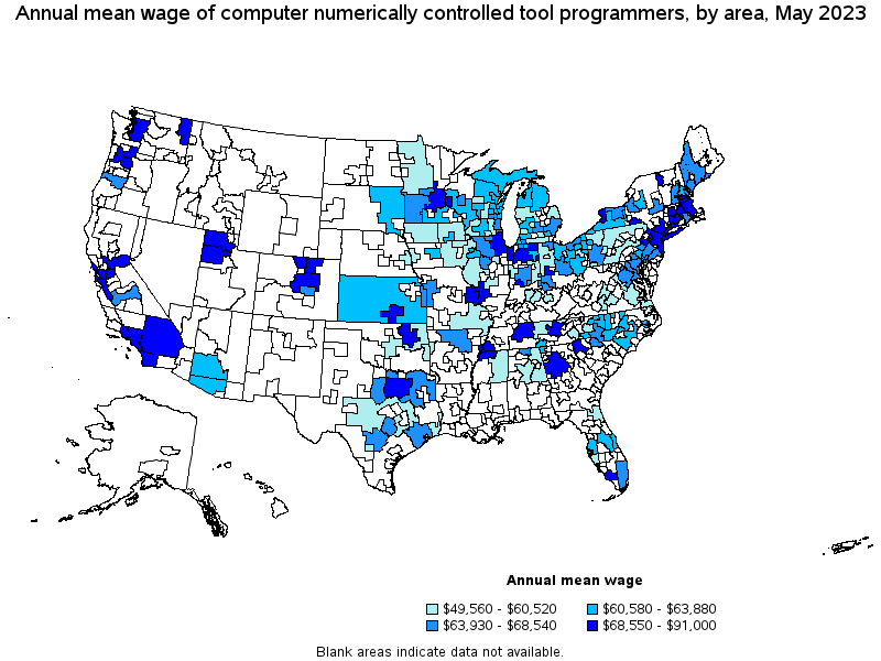 Map of annual mean wages of computer numerically controlled tool programmers by area, May 2023