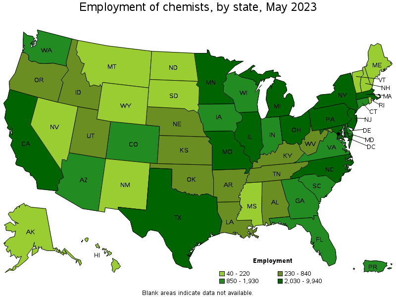 Map of employment of chemists by state, May 2023