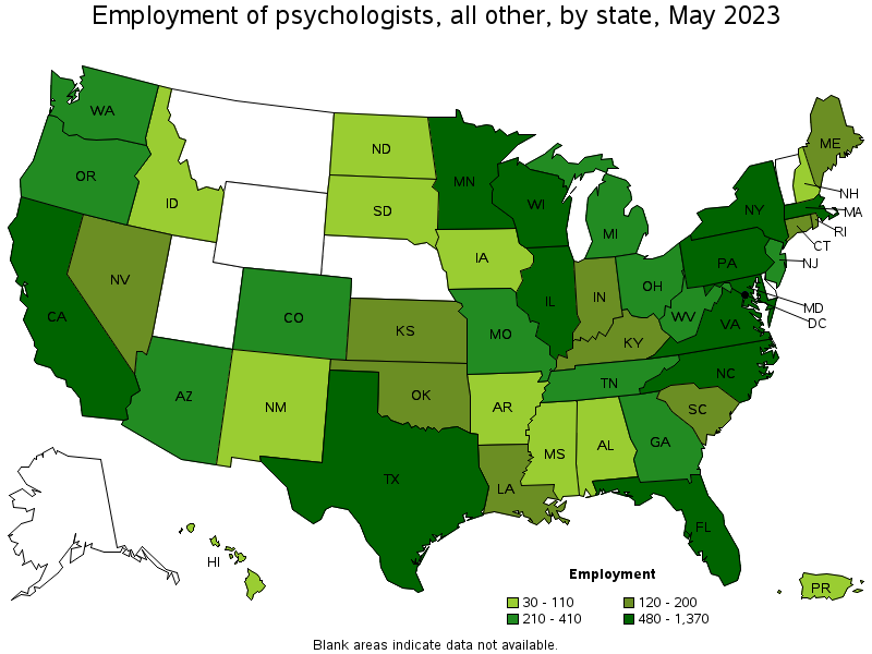 Map of employment of psychologists, all other by state, May 2023