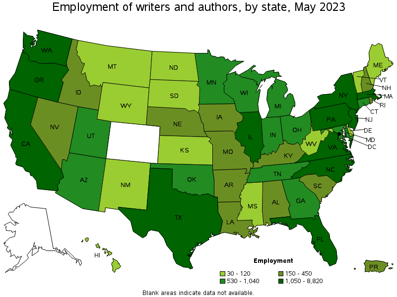 Map of employment of writers and authors by state, May 2023