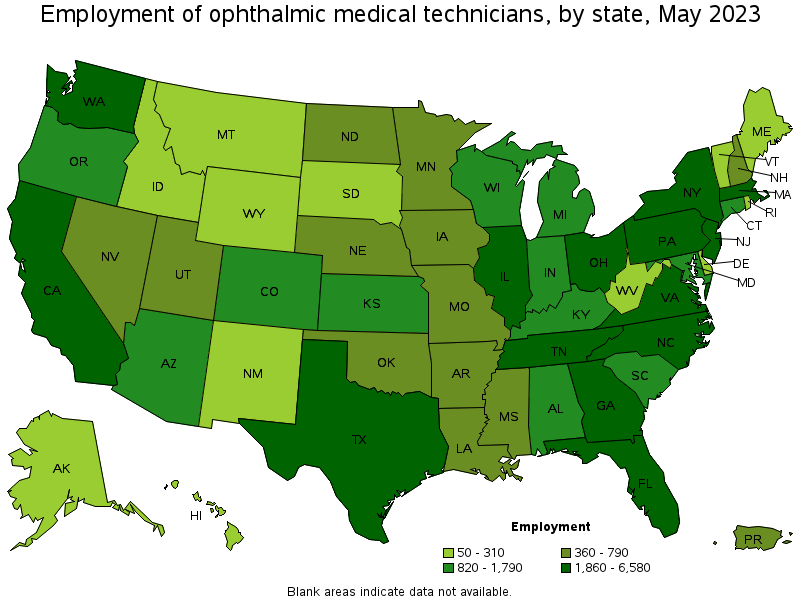 Map of employment of ophthalmic medical technicians by state, May 2023