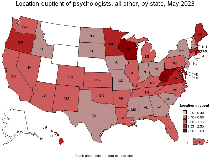 Map of location quotient of psychologists, all other by state, May 2023