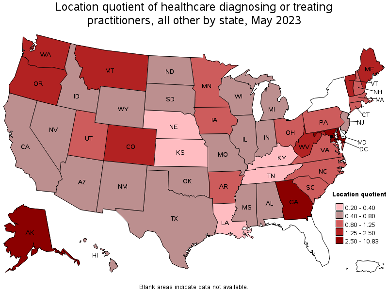 Map of location quotient of healthcare diagnosing or treating practitioners, all other by state, May 2023