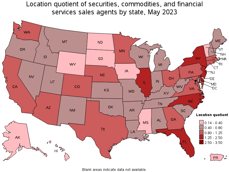 Map of location quotient of securities, commodities, and financial services sales agents by state, May 2023