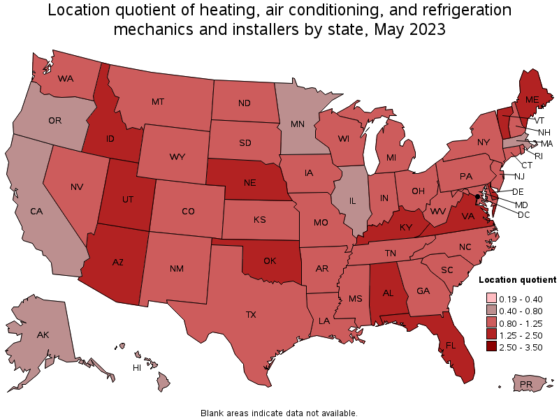 Map of location quotient of heating, air conditioning, and refrigeration mechanics and installers by state, May 2023